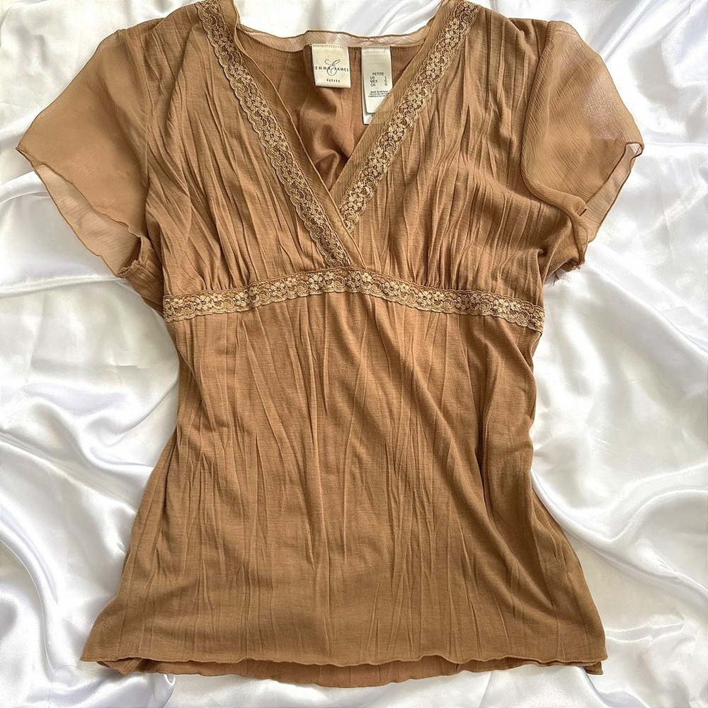 Emma James Petite Brown Crinkle Gauze Lace Trim V-Neck Blouse Top Large Petite